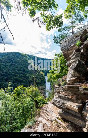 Dyje Fluss mit bewaldeten Hügel oberhalb von Paseracka stezka Wanderweg in Podyji Nationalpark in der Tschechischen republik während Schöner Herbsttag Stockfoto