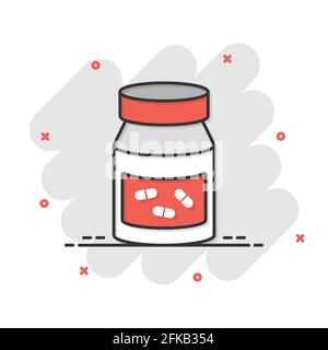Pille Flasche Symbol im Comic-Stil. Drogen Cartoon Vektor-Illustration auf weißem isolierten Hintergrund. Pharmazie Splash-Effekt Geschäftskonzept. Stock Vektor