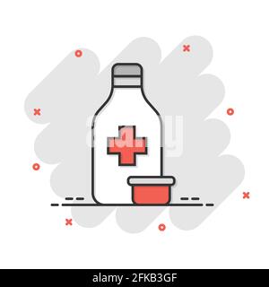 Pille Flasche Symbol im Comic-Stil. Drogen Cartoon Vektor-Illustration auf weißem isolierten Hintergrund. Pharmazie Splash-Effekt Geschäftskonzept. Stock Vektor