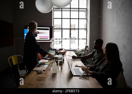 Weibliche Unternehmerin erklärt Kollegen an Bord über Farbmuster Zimmer Stockfoto