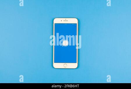 Spanien. 30,04,2021. Handy-Bildschirm mit Signal Secret Messaging App-Logo. Stockfoto