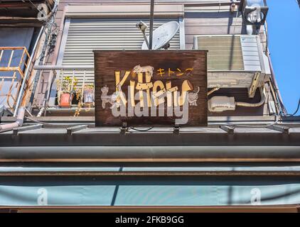 tokio, japan - 16 2021. april: Altmodische und Retro-Einkaufsstraße von Yanaka Ginza, berühmt für seine weißen Katzen, die auf den Dächern oder in den Geschäften geschnitzt wurden Stockfoto