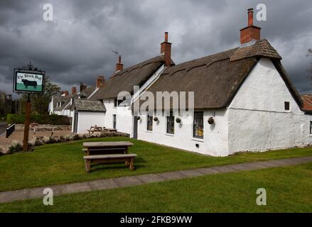 Northumberlands einzige reetgedeckte Kneipe, The Black Bull im Dorf ETAL im Norden von Northumberland Stockfoto