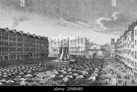 Paris, der Markt des Innocents, mit der Fontaine des Innocents (ehemals Nymphenbrunnen) in der Mitte. Der Brunnen wurde von Jean Goujon entworfen und von Pierre Lescot (1547-1550) erbaut. Der Markt wurde 1787 gegründet, als die Cimetière des Innocents aus der Stadt gezogen wurde. Les Halles. Gravur. In : Louis Barron, Paris Pittoresque 1800-1900. La Vie - Les Moeurs - Les Plaisirs, Paris, Société Française d'Editions d'Art L.-Henry Mai 1899. Stockfoto