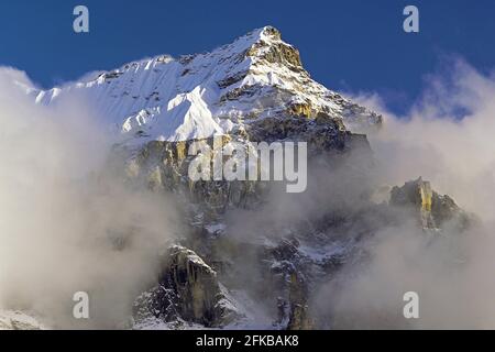 Am Nachmittag sammeln sich Nebel und Wolken um die dramatischen Klippen und den Gipfel, Nepal, die Region Kangchendzönga und Jannu Stockfoto