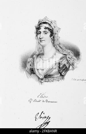 Porträt von Elisa Bonaparte (1777-1820), Großherzogin der Toskana, Schwester von Napoleon Bonaparte. Iconographie des contemporains depuis 1789 jusqu'à 1829, Tomé Premier, Paris, Delpech, 1833. Stockfoto