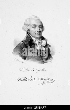 Portrait d'Emmanuel Armand de Vignerot du Plessis-Richelieu (1720-1788), Duc d'Aiguillon. Staatssekretär für auswärtige Angelegenheiten unter König Louis XV. Aus der Iconographie des contemporains depuis 1789 jusqu'à 1829, Tomé Premier, Paris, Delpech, 1833. Stockfoto