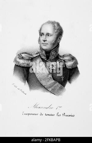 Porträt von Alexander I. Pawlowitsch Romanow, besser bekannt als Alexander I. (1777-1825), Kaiser und Zar von Russland von 1801 bis 1825. Aus der Iconographie des contemporains depuis 1789 jusqu'à 1829, Tomé Premier, Paris, Delpech, 1833. Stockfoto