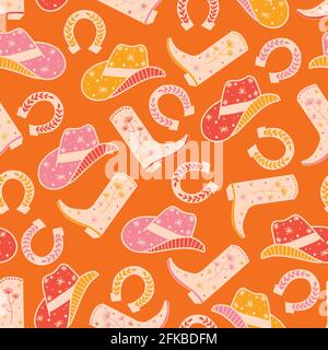 Cowgirl Horse Ranch nahtloses Vektor-Muster. Cowboystiefel, Hut, Hufeisen wiederholender Hintergrund. Wild West Oberflächenmuster für Stoff, Tapete Stock Vektor