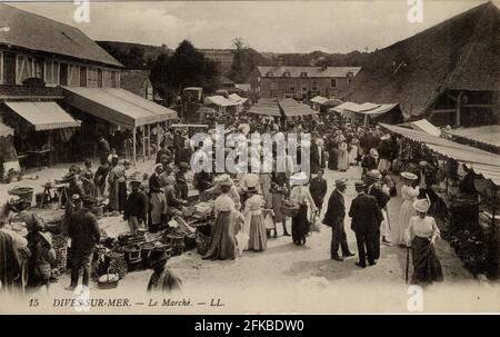 LE MARCHE DE DIVES-SUR-MER 14-CALVADOS Region: Normandie (ehemals Basse-Normandie) Anfang des 20. Jahrhunderts Postkarte im Vintage-Stil Stockfoto