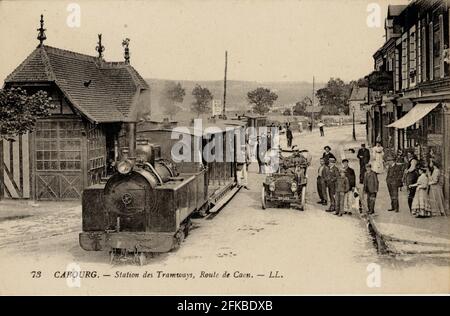 LA STATION DE TRAMWAY ROUTE DE CAEN A CABOURG 14-CALVADOS Region: Normandie (ehemals Basse-Normandie) Anfang des 20. Jahrhunderts Postkarte im Vintage-Stil Stockfoto