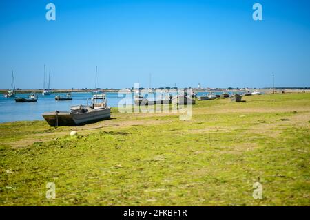 Boote für Austernkultur liegen am Strand von la patache An sonnigen Sommertagen auf der Insel ile de Ré Bei Ebbe mit der Kirche von Ars-en Ré im b Stockfoto