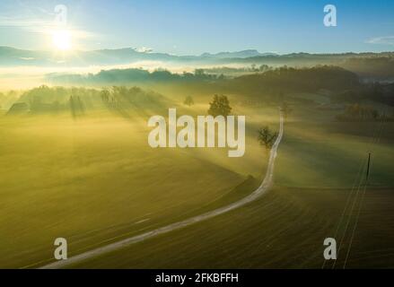 Erleben Sie den Sonnenaufgang über einer riesigen grünen Farm während eines nebligen/nebligen Morgens. Stockfoto