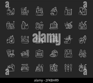 Getränke zum Mitnehmen und Essen zum Mitnehmen Kreide weiße Symbole gesetzt Auf schwarzem Hintergrund Stock Vektor