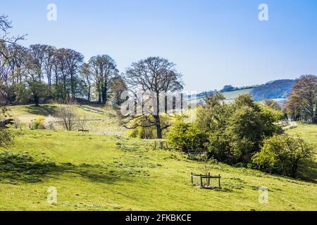 Frühlingsblick über die hügelige Landschaft in den Worcestershire Cotswolds. Stockfoto