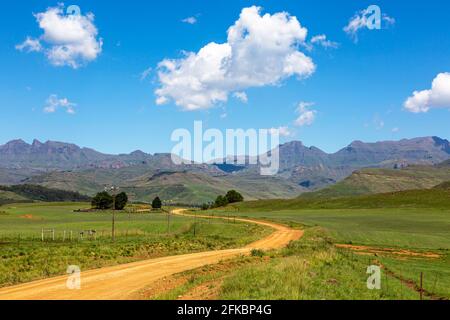 Schotterstraße nach Bushmans Neck in Drakensberg Stockfoto