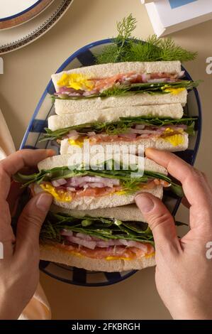 Japanisches Sandwich mit geräuchertem Lachs, Senf, Salat und rohen Zwiebeln. Selektiver Fokus. Hand auf das Sandwich Stockfoto