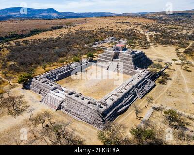 Luftaufnahme der archäologischen Stätte von Canada de la Virgen, Guanajuato, Mexiko, Nordamerika Stockfoto