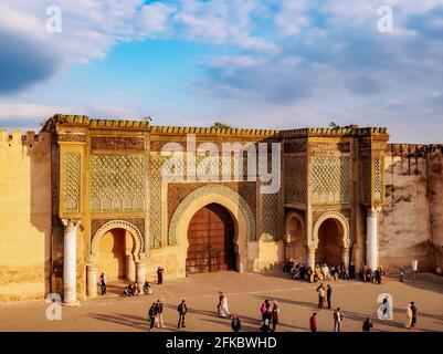 Bab Mansur (Bab Mansour), Tor zur alten Medina, UNESCO-Weltkulturerbe, erhöhte Aussicht, Meknes, Fez-Meknes-Region, Marokko, Nordafrika, Afrika Stockfoto