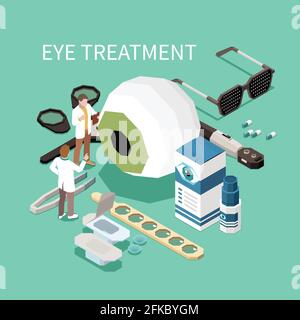 Ophthalmologie isometrische Zusammensetzung mit ophthalmologischen Instrumenten und Medizin für das Auge 3D-Vektordarstellung für die Bestrahlung Stock Vektor