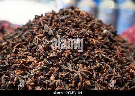 Stapel von Sternaniskernen in Schoten, die duftende Ernte der Illicium verum Pflanze mit umfangreichen kulinarischen und medizinischen Anwendungen in asiatischen und afrikanischen Ländern Stockfoto