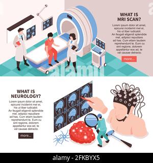Website des neurologischen Zentrums 2 isometrische horizontale Banner mit mrt-Untersuchung Test- und Hirnforschung Info Vektordarstellung Stock Vektor
