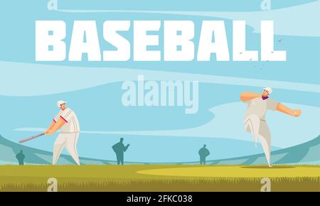 Sommer Sport Baseballkomposition mit Outdoor Stadion Hintergrund und Doodle Figuren von Ballspielern auf Ballfeld Vektorgrafik Stock Vektor