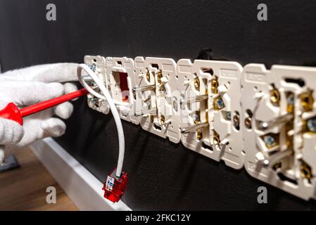 Ein Netzwerkkabel, das mit einem fertigen RJ45-Modul aus der Wand herausragt und an die Computerbuchse im Raum angeschlossen ist, sichtbare Steckdosen. Stockfoto