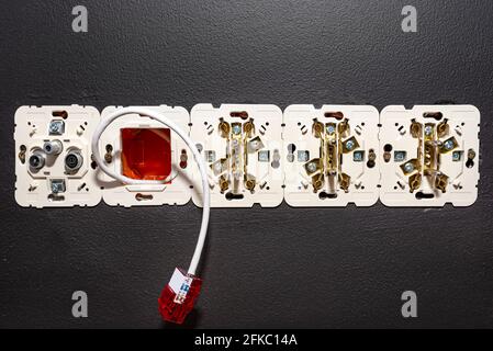 Ein Netzwerkkabel, das mit einem fertigen RJ45-Modul aus der Wand herausragt, zur Computerbuchse im Raum, sichtbaren Strom- und Fernsehsteckdosen. Stockfoto