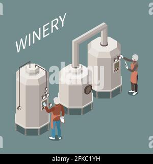 Weinherstellung Prozess in der Fabrik isometrische Zusammensetzung 3d-Vektor-Illustration Stock Vektor
