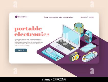 Tragbare Elektronik Landing Page, die intelligente Gadgets und digitale Tools darstellt Und Zubehör für ihre Verwendung isometrische Vektordarstellung Stock Vektor