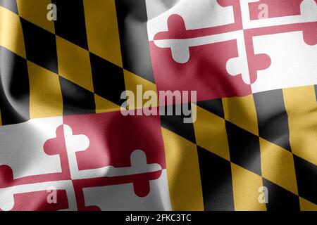 3D Illustration Flagge von Maryland ist eine Region der Vereinigten Staaten. Winken auf dem textilen Hintergrund der Windfahne Stockfoto