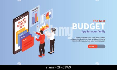Familienbudget Einkommensverteilung Planung App info isometrische horizontale Landung Seitenbanner mit Vektorgrafik auf dem Smartphone-Bildschirm Stock Vektor