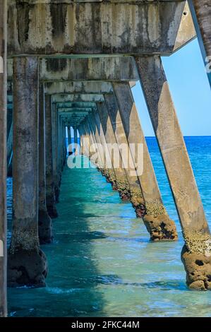 Betonsäulen und ruhiger Atlantischer Ozean unter dem Deerfield Beach Internationaler Angelpier Stockfoto