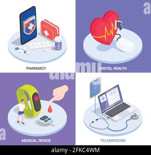 Telemedizinische digitale Gesundheit isometrisches Designkonzept mit Text und Bildern Von tragbaren elektronischen Gadgets mit Medikamenten Vektor-Illustration Stock Vektor