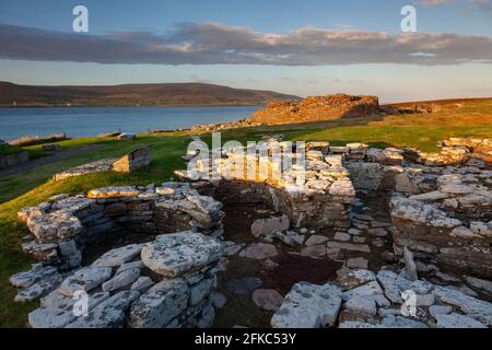 The Broch of Gurness ein erhaltenes Dorf aus der Eiszeit Orkney Islands Nordinseln Schottland Großbritannien. Stockfoto