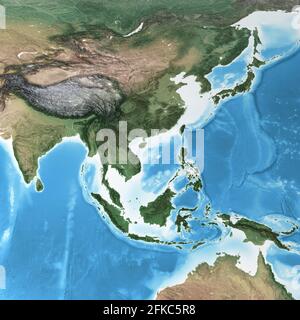 Physische Karte von Südostasien, mit hochauflösenden Details. Abgeflachte Satellitenansicht des Planeten Erde - von der NASA eingerichtete Elemente Stockfoto