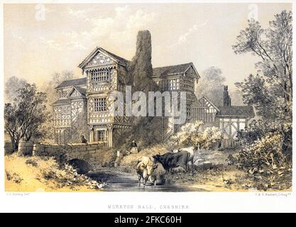 Eine Lithotinte von Little Moreton Hall, Cheshire UK, scannte mit hoher Auflösung aus einem Buch, das 1858 gedruckt wurde. Der Künstler J. D. Harding starb 1863. Stockfoto