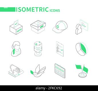 Wahl und Abstimmung - Moderne Linie isometrische Symbole gesetzt. Politik und Wahlkampfkonzept. Wahlurne, Rednerpult, Mikrofon, ausgefülltes Papier, Kandidatur Stock Vektor