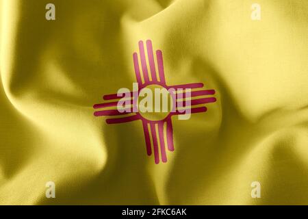 3D Illustration Flagge von New Mexico ist eine Region der Vereinigten Staaten. Winken auf dem textilen Hintergrund der Windfahne Stockfoto