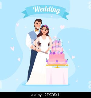 Hochzeitsempfang schöne Hintergrundkomposition mit Braut und Bräutigam zusammen Schneiden Stück Hochzeitstorte Vektor-Illustration Stock Vektor