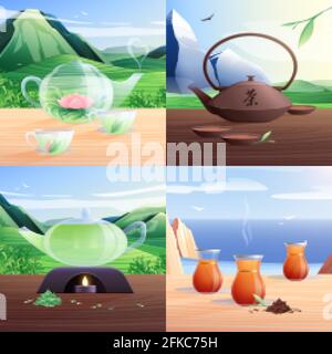 Tea Traditions 2x2 Design-Konzept mit Teezeremonie Auf Teeplantagen und Meeresstrand Hintergrund Vektor-Illustration Stock Vektor