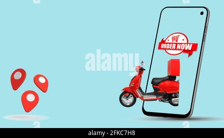 Lieferung Roller oder Motorrad und Standort-Symbol isoliert auf blauem Hintergrund, 3d-Rendering. Konzept für die Lieferung von Lebensmitteln. E-Commerce, Online-Bestellkonzept Stockfoto