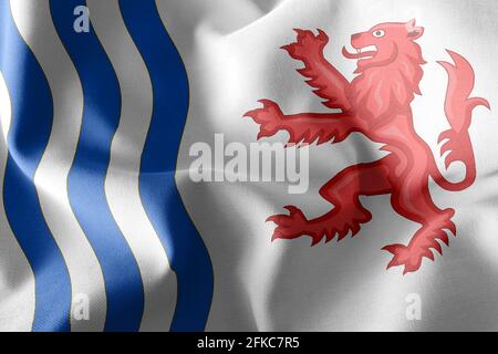3D Illustration Flagge von Nouvelle-Aquitaine ist eine Region von Frankreich. Winken auf dem textilen Hintergrund der Windfahne Stockfoto