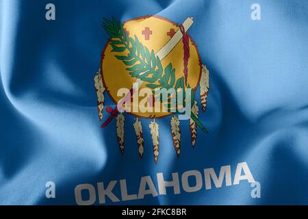 3D Illustration Flagge von Oklahoma ist eine Region der Vereinigten Staaten. Winken auf dem textilen Hintergrund der Windfahne Stockfoto