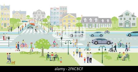 Familien und Menschen auf dem Bürgersteig mit Straßenverkehrsabbildung Stock Vektor