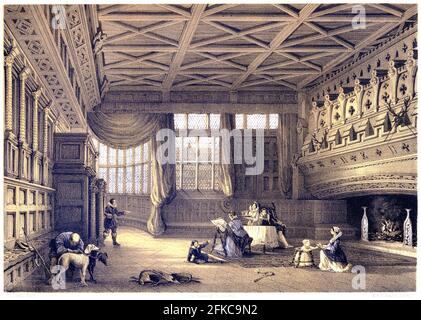 Eine Lithotinte aus Speke Hall, The Great Hall, Lancashire UK, scannte mit hoher Auflösung aus einem Buch, das 1858 gedruckt wurde. Für urheberrechtlich frei gehalten. Stockfoto