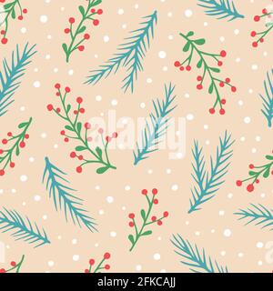 Vektor nahtloses Muster mit handgezeichneten Zweigen mit Beeren, Fichtenzweigen und Schnee. Niedliches Design für Weihnachtsverpackungen, Textilien und Hintergründe Stockfoto