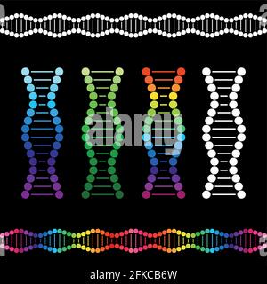 Satz farbiger DNA-Symbole. Buntes, grünes Pflanzenbild, Schema des DNA-Moleküls. GVO-Logo-Konzept. Muster von Genen. Farbkette. Isolierte Stock Vektor