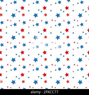Amerikanische patriotische Sterne mit nahtlosem Muster in leuchtendem Rot, Blau und Weiß. Vektorhintergrund für Unabhängigkeitstag. Stock Vektor